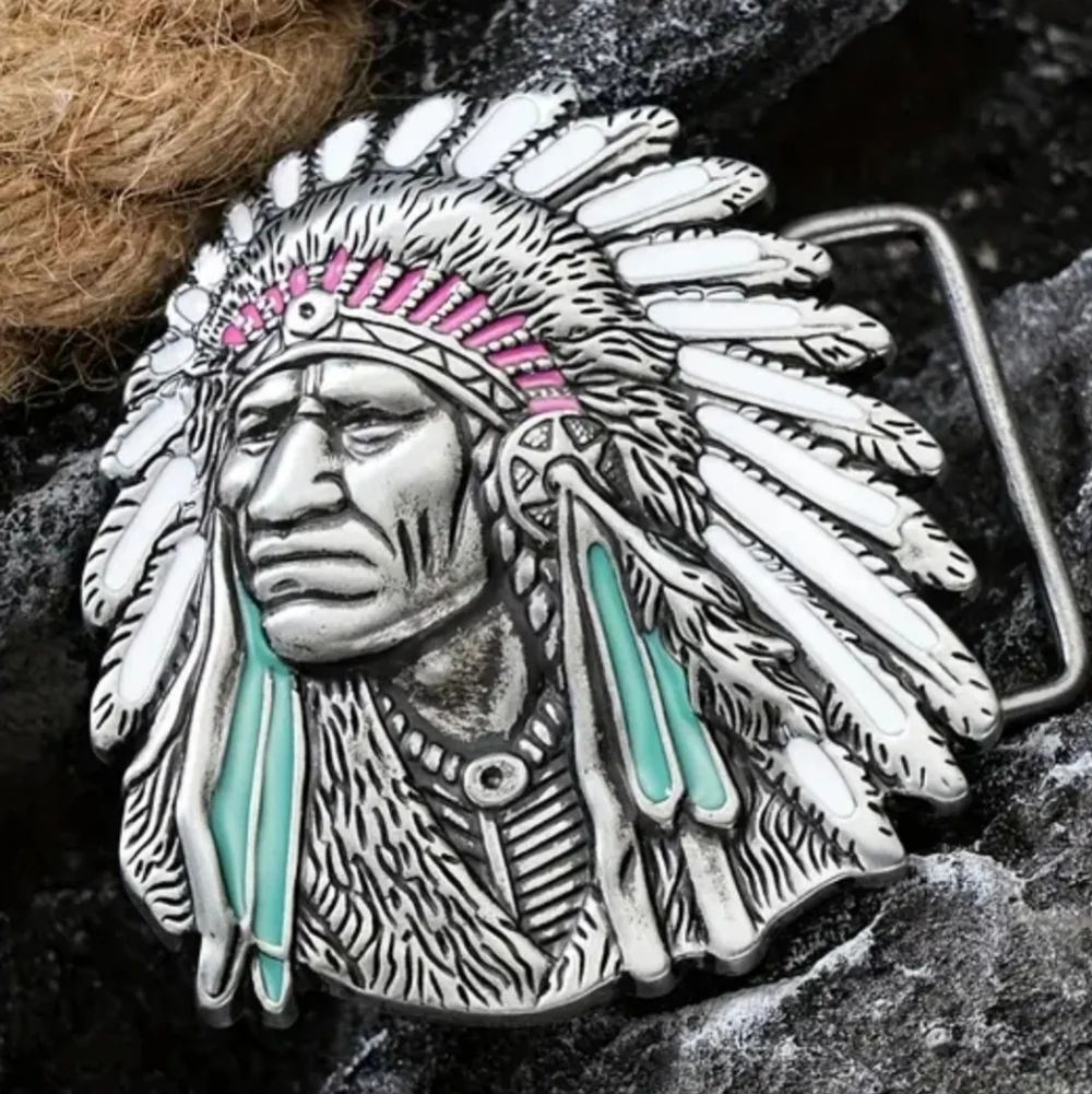 Indian Silver Tone Faux Turquoise Belt Buckle 3.1